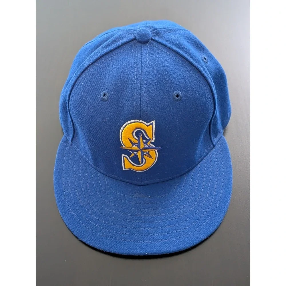 New Era 59Fifty MLB Seattle‎ Mariners Fitted Hat Sz 7 USA Wool Y2K Blue Yellow